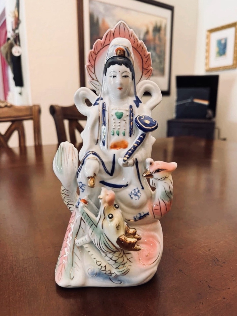 Vintage Chinese Porcelain Guanyin Kwan Yin Phoenix Figurine Hand Painted 10”